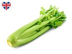 A fresh bunch of green celery stalks with leaves, next to a heart-shaped Union Jack flag.
