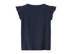 A dark blue sleeveless top with ruffled shoulders.