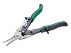 A pair of tin snips with green and black handles on a white background.