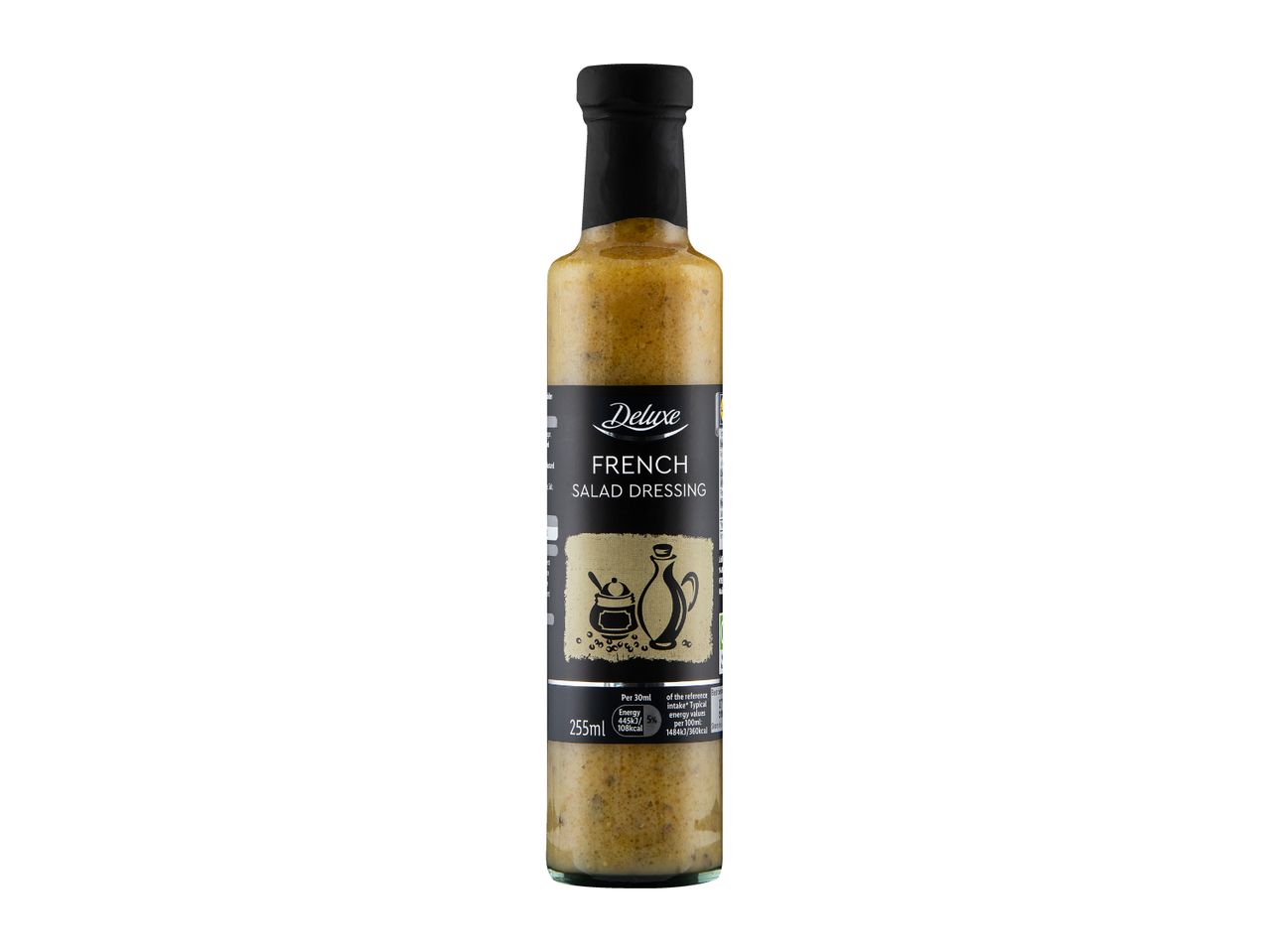 A bottle of French salad dressing with a black label and a black cap.