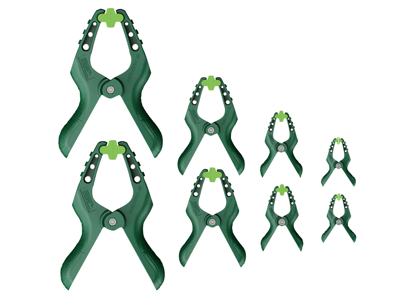 Komplet sponk Parkside® z zelenimi vzmetnimi sponkami v različnih velikostih.