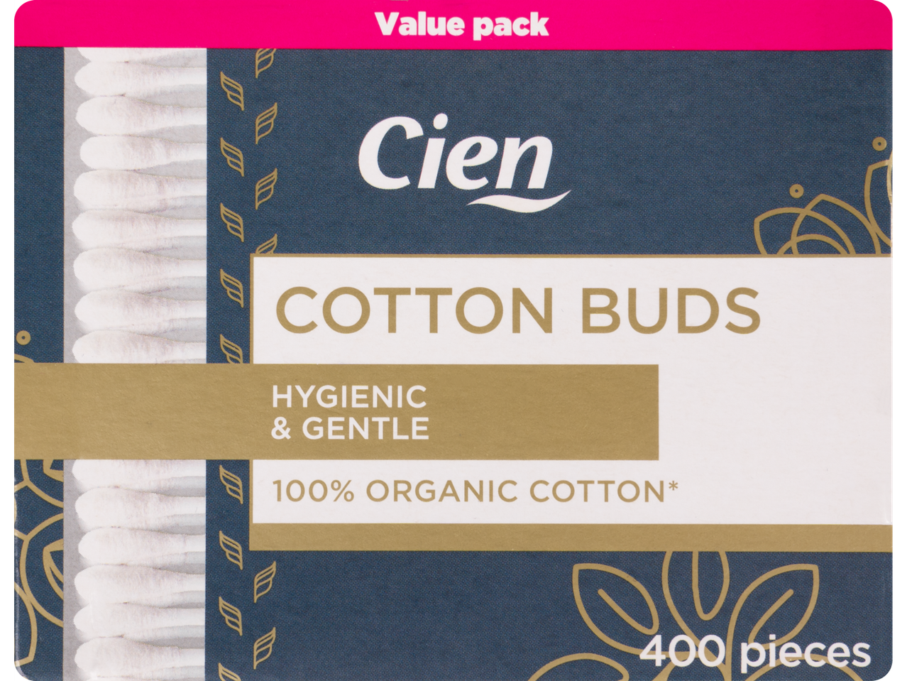 Bețișoare de bumbac Cien, 400 bucăți, 100% bumbac organic.