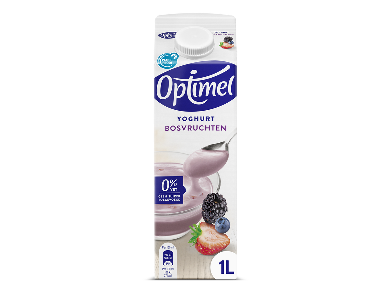 Witte pak yoghurt met bosvruchten, 0% vet en geen toegevoegde suiker, 1 liter.