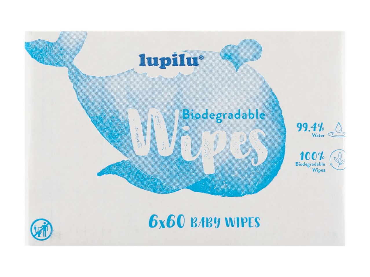 Biodegradable baby wipes with 99.4% water, featuring a whale design.