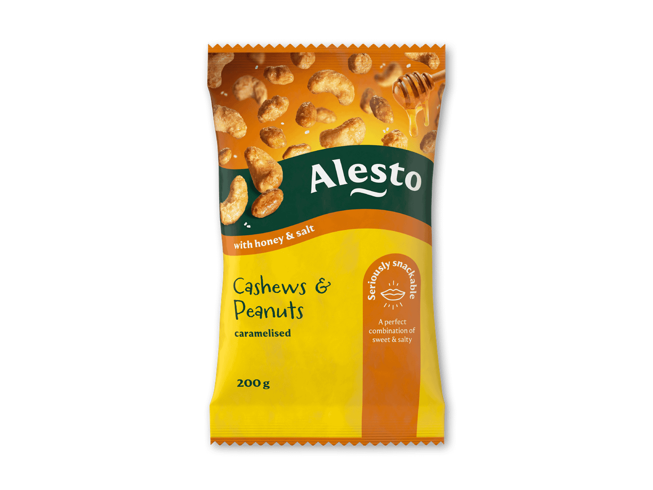 En pose karamelliserede cashewnødder og peanuts med honning og salt.