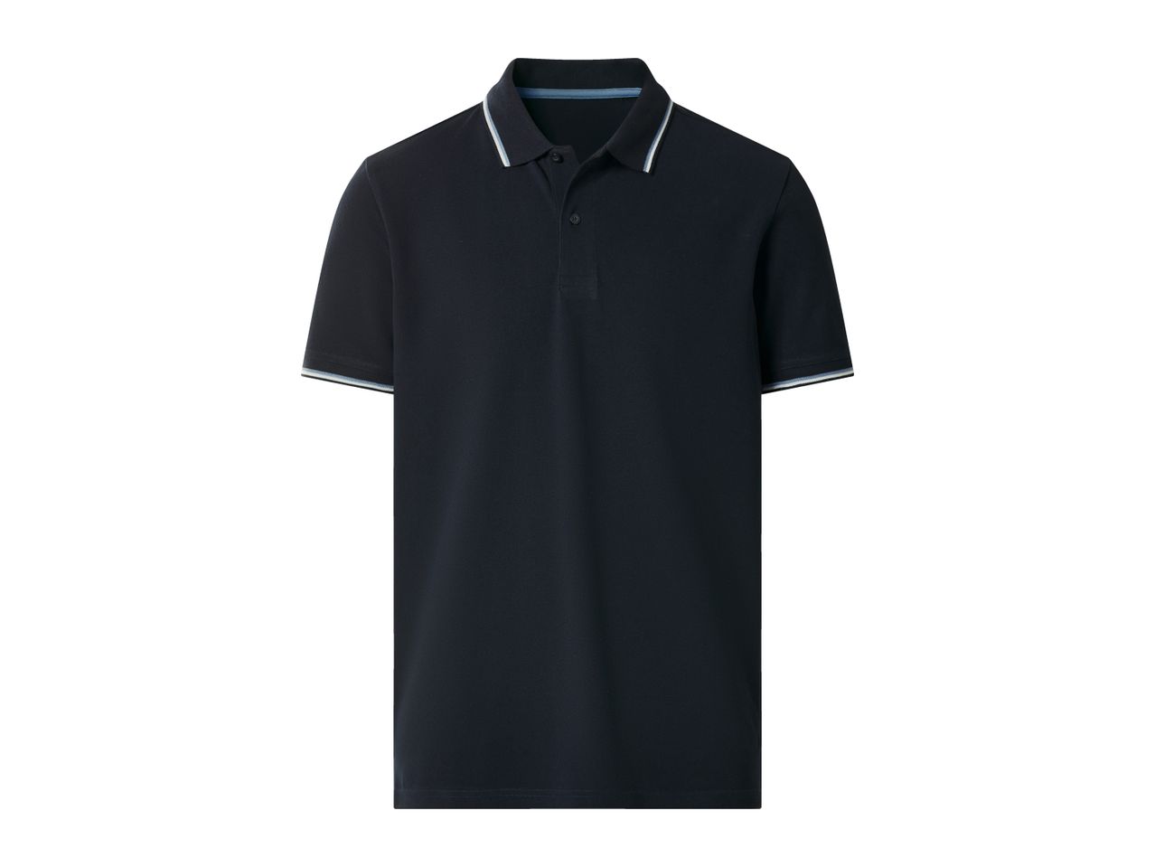 Dark blue men's polo shirt with white and light blue stripes on the collar and sleeves.