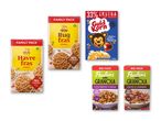 En samling af morgenmadsprodukter, herunder Havrefras, Rugfras, Guldkorn og Paulúns granola.