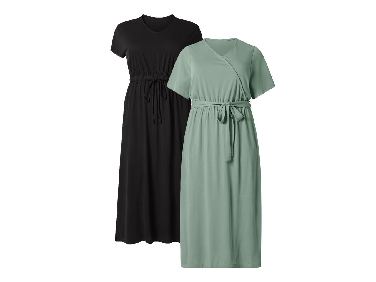 Dvije haljine: crna s V-izrezom i vezicom u struku te zelena s preklopnim izrezom i pojasom.