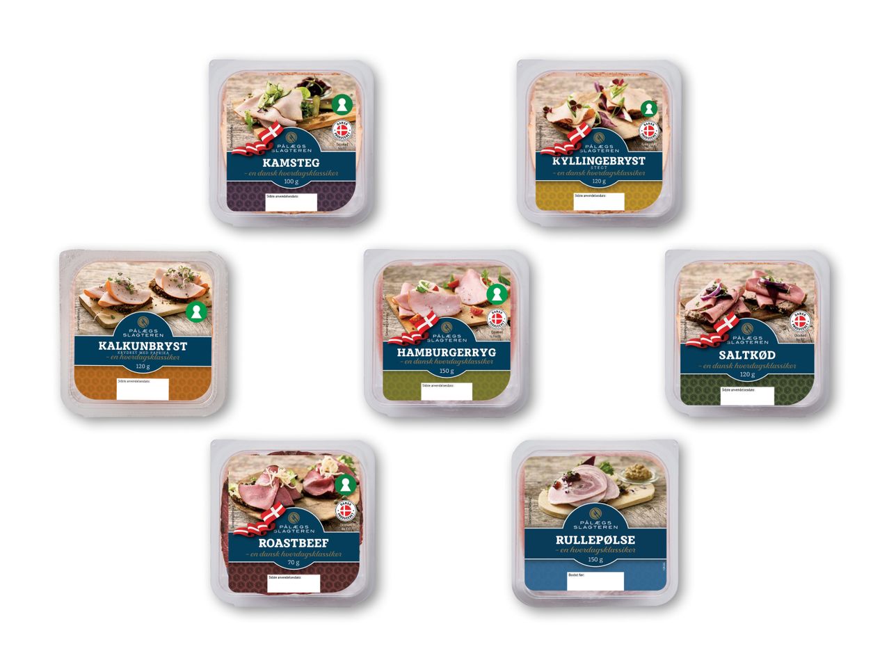 Syv pakker Pålægs Slagteren pålæg, herunder kalkunbryst, kamsteg, hamburgerryg, saltkød, roastbeef, rullepølse og kyllingebryst.