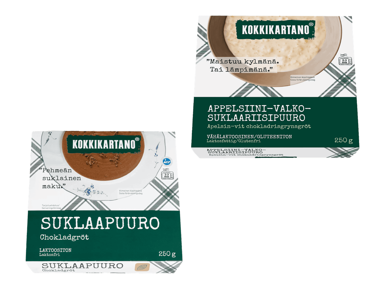 Kaksi puuroannosta: toinen appelsiini-valkosuklaariisipuuro ja toinen suklaapuuro.