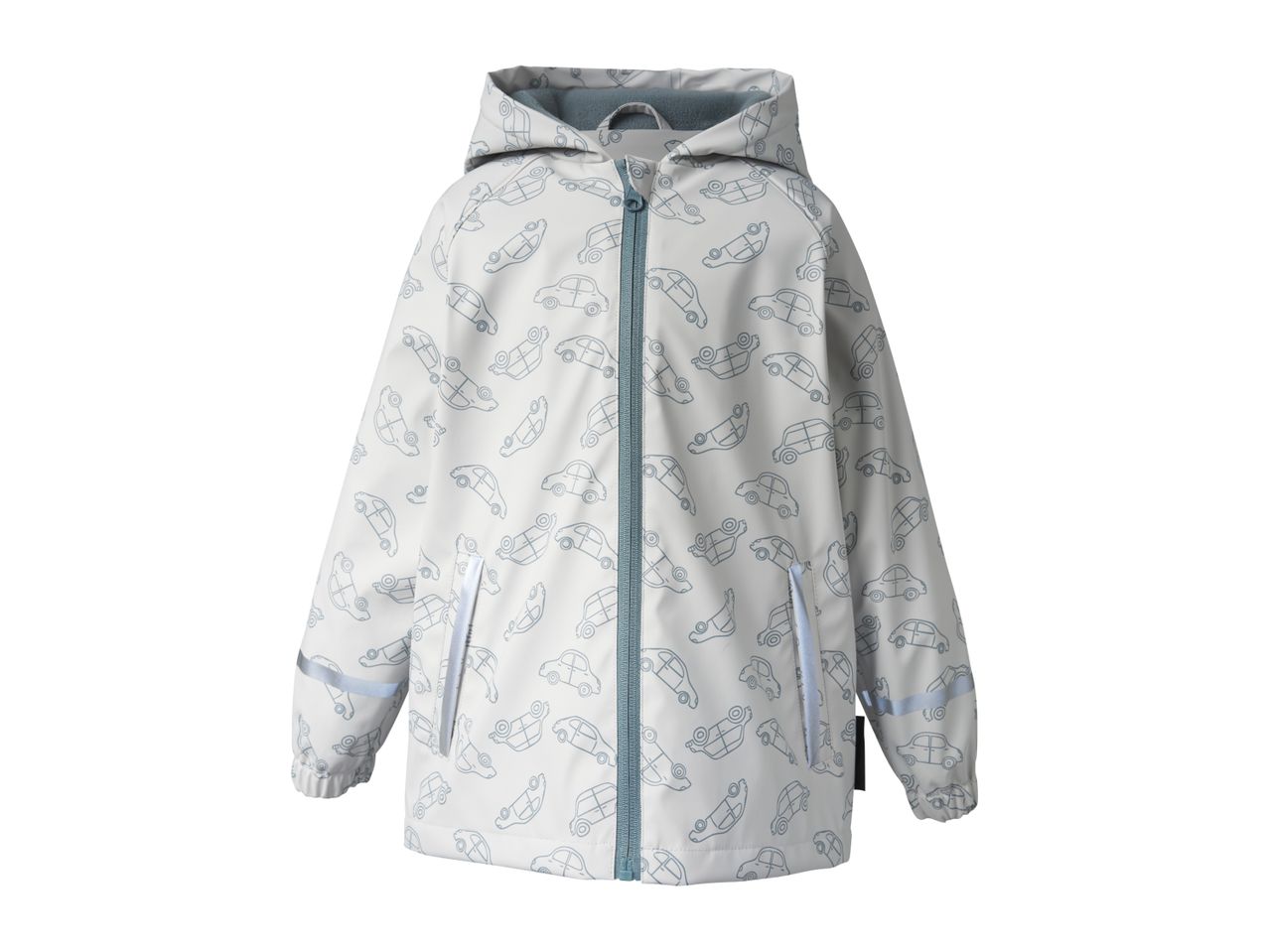 White children's rain jacket with blue car pattern, zipper, and reflective details.