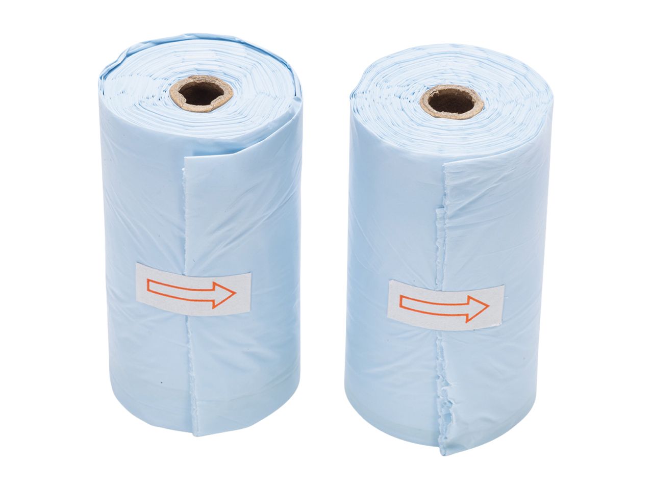 Two rolls of light blue plastic bags with arrows indicating dispensing direction.