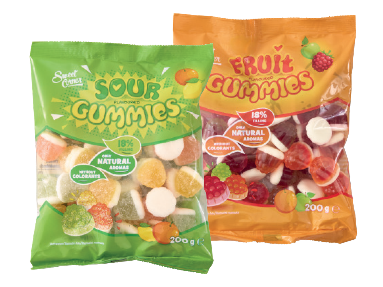 Divi Sweet Corner želejkonfekšu maisiņi: skābās un augļu garšas, katrs 200g.