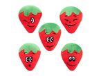 Five plush strawberry toys with different embroidered facial expressions.
