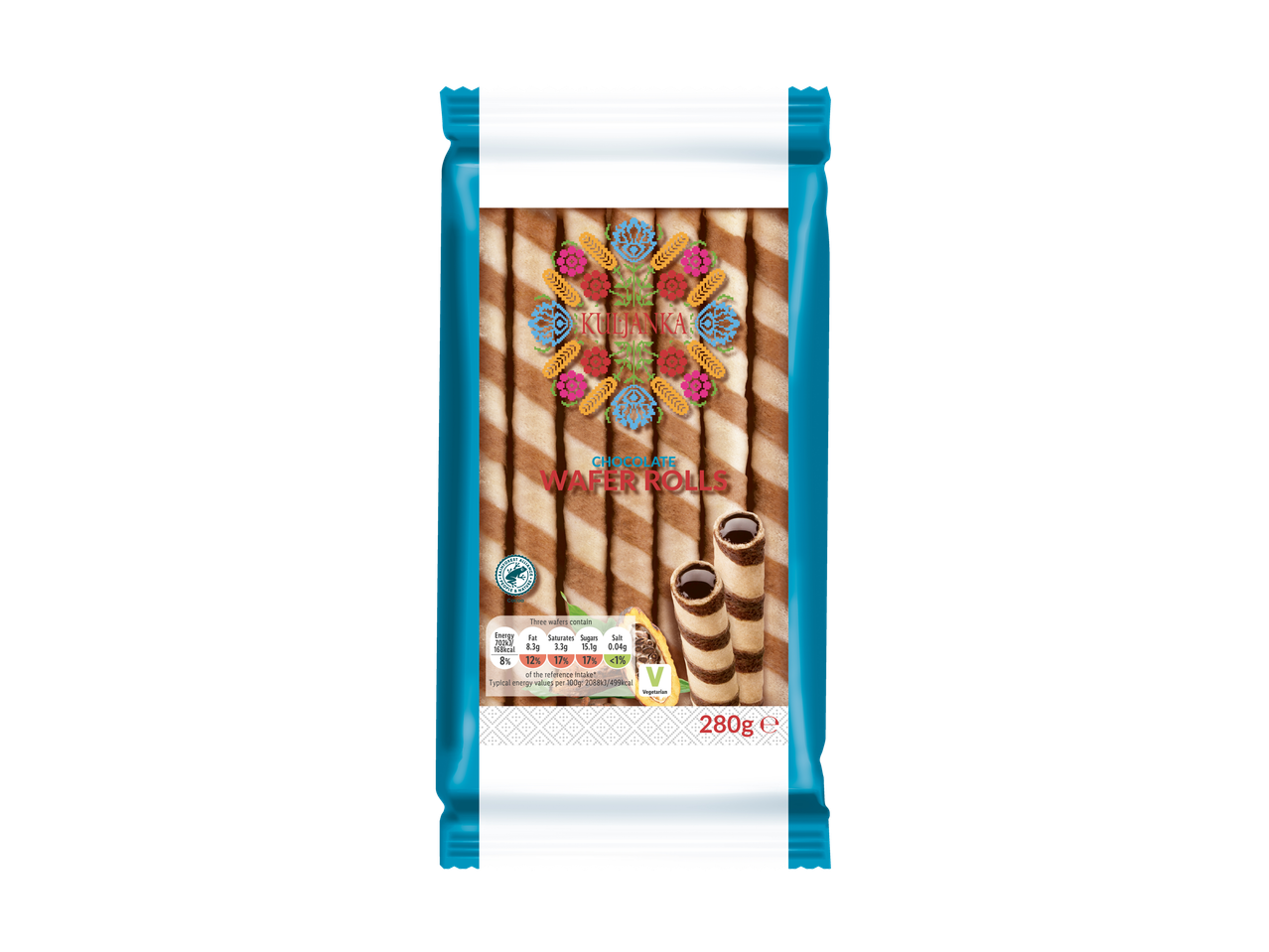 Kuljanka Chocolate Wafer Rolls, 280g, in a blue and white package.