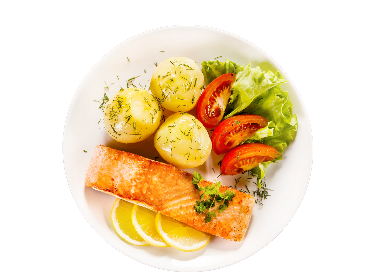 Grilled salmon fillet served with boiled potatoes, tomato salad, and lemon wedges.