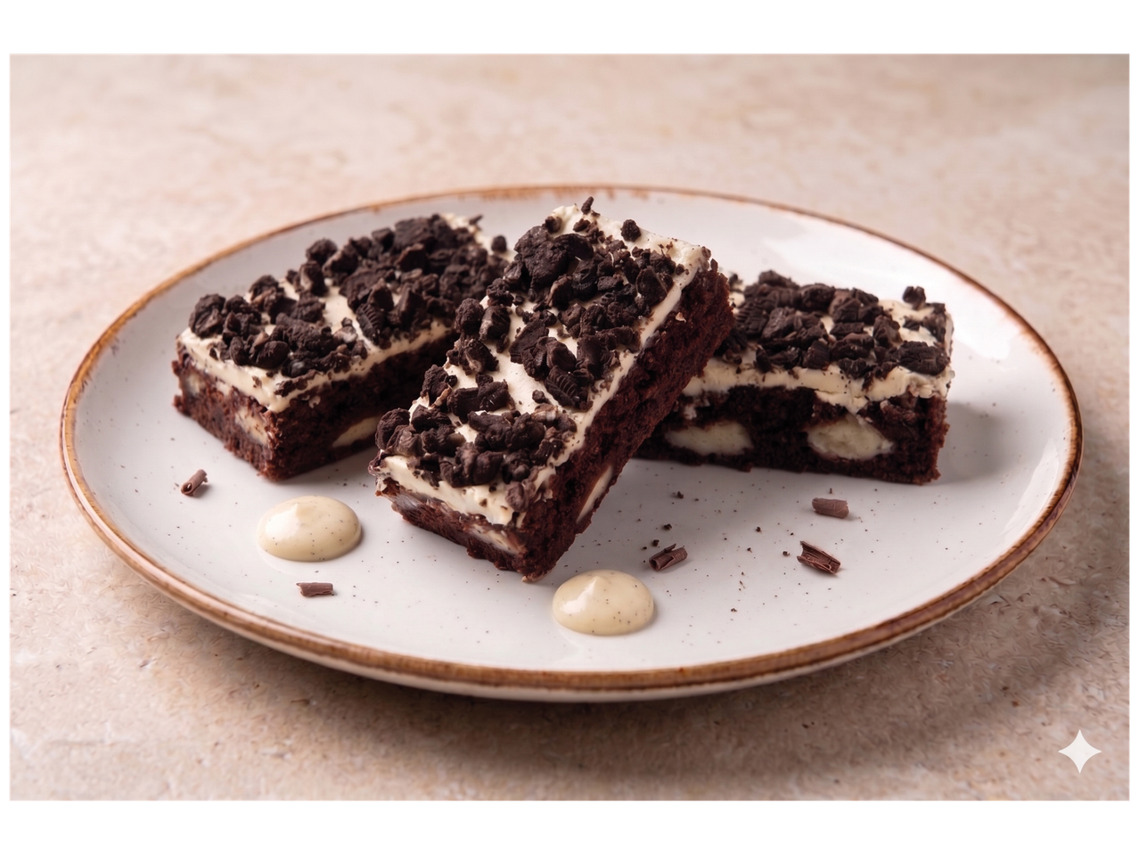 Brownies au chocolat avec glaçage blanc et miettes de biscuits sur une assiette.
