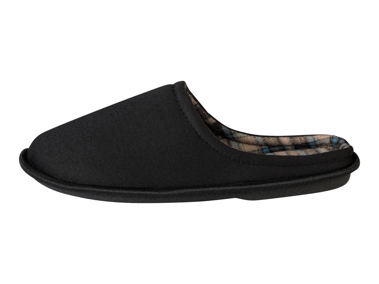 Black slipper with a plaid interior lining.