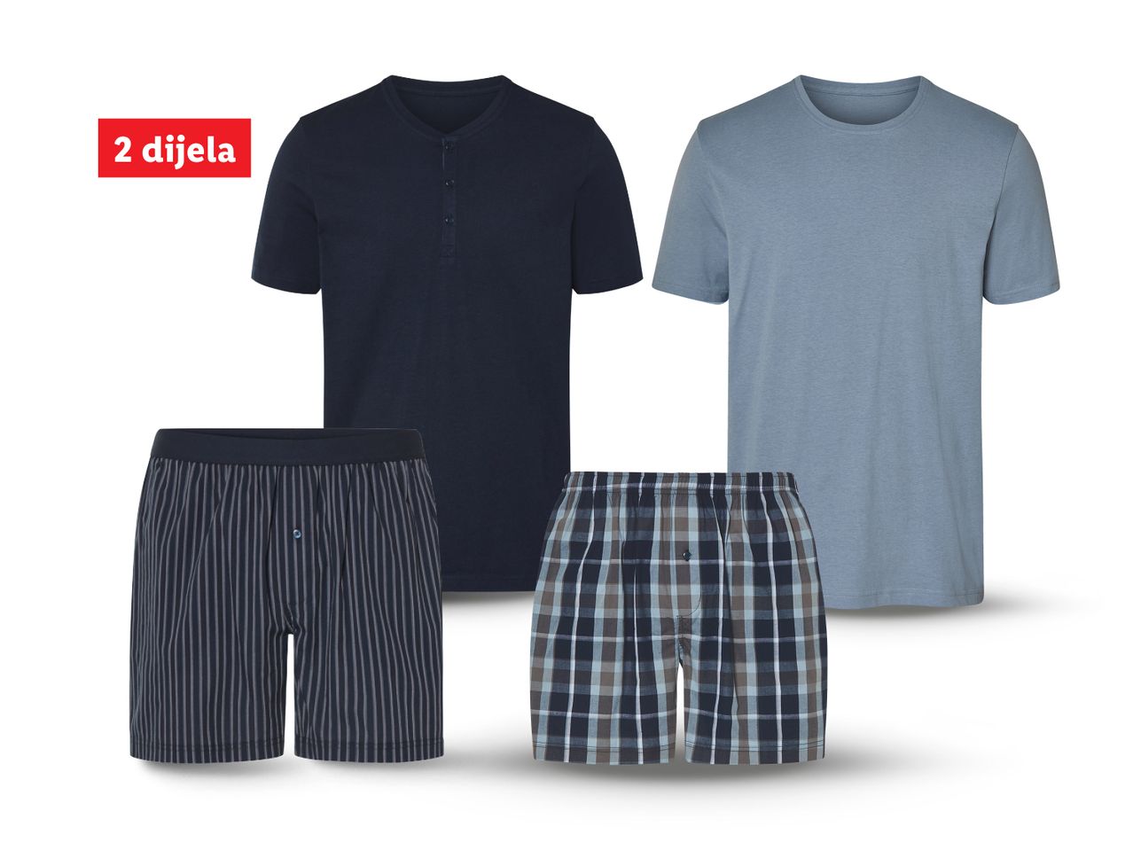 Muški dvodijelni set pidžama: tamnoplava majica s kopčanjem i prugaste te karirane bokserice.