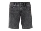 Dark gray denim shorts.