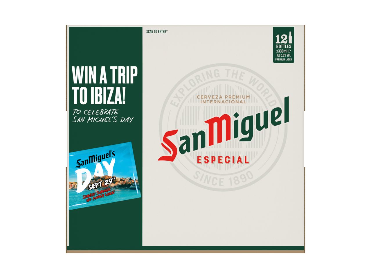 San Miguel beer packaging promoting a trip to Ibiza for San Miguel's Day.