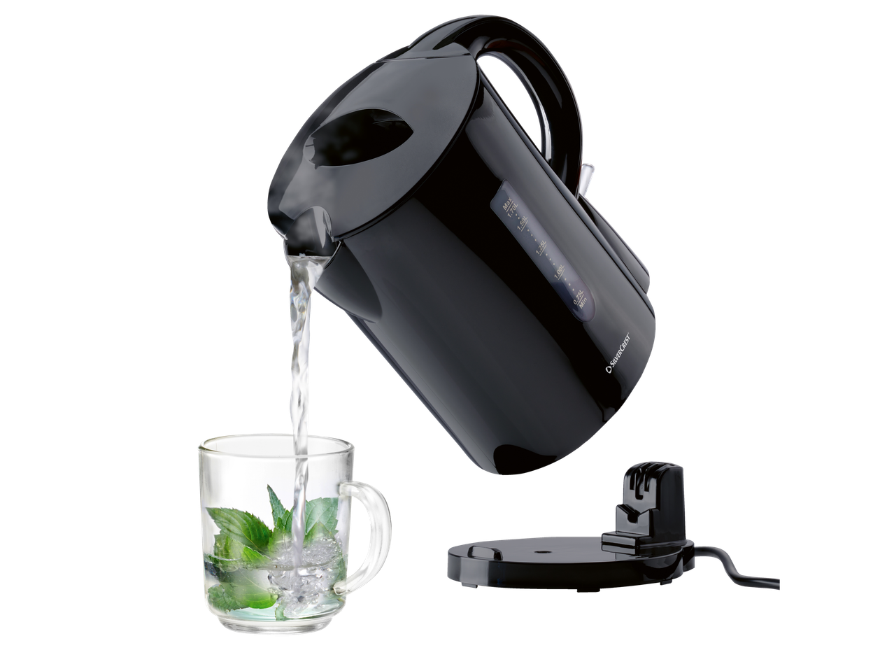 A SilverCrest electric kettle pours water into a mug with mint.
