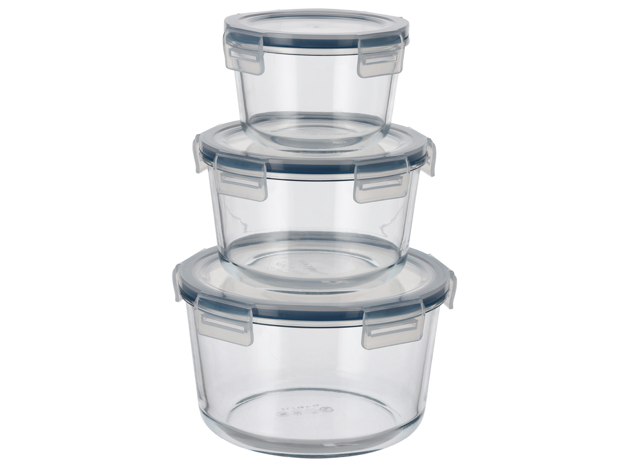 Комплект от три кръгли стъклени контейнера за съхранение с капаци на клипс.