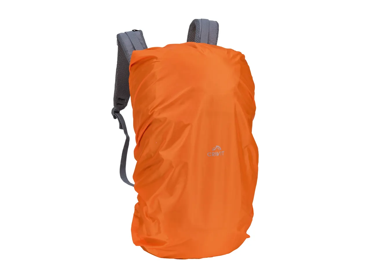 Orange backpack rain cover with grey straps, featuring a reflective logo.
