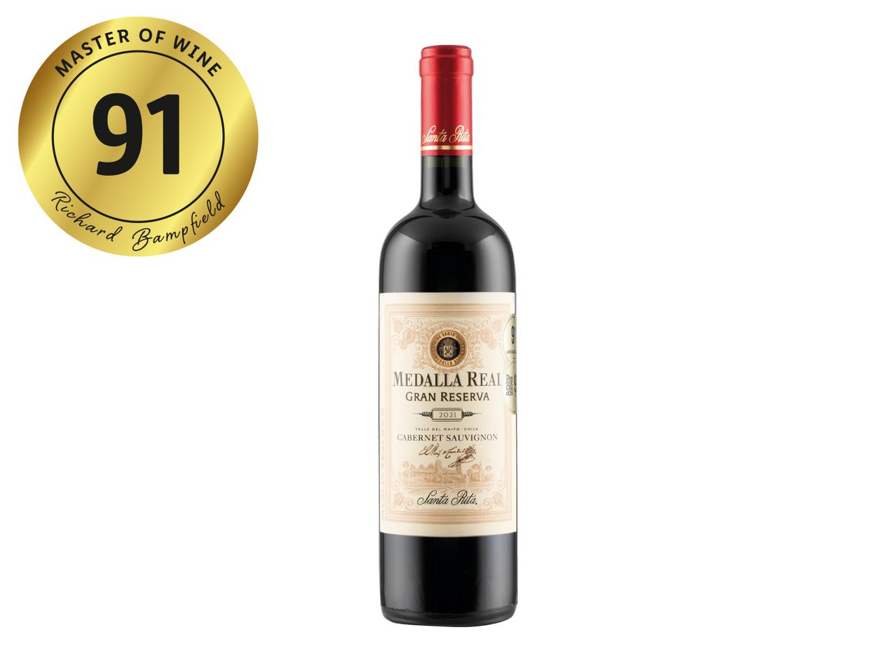 Red wine bottle with a gold 91-point Master of Wine rating by Richard Bampfield.