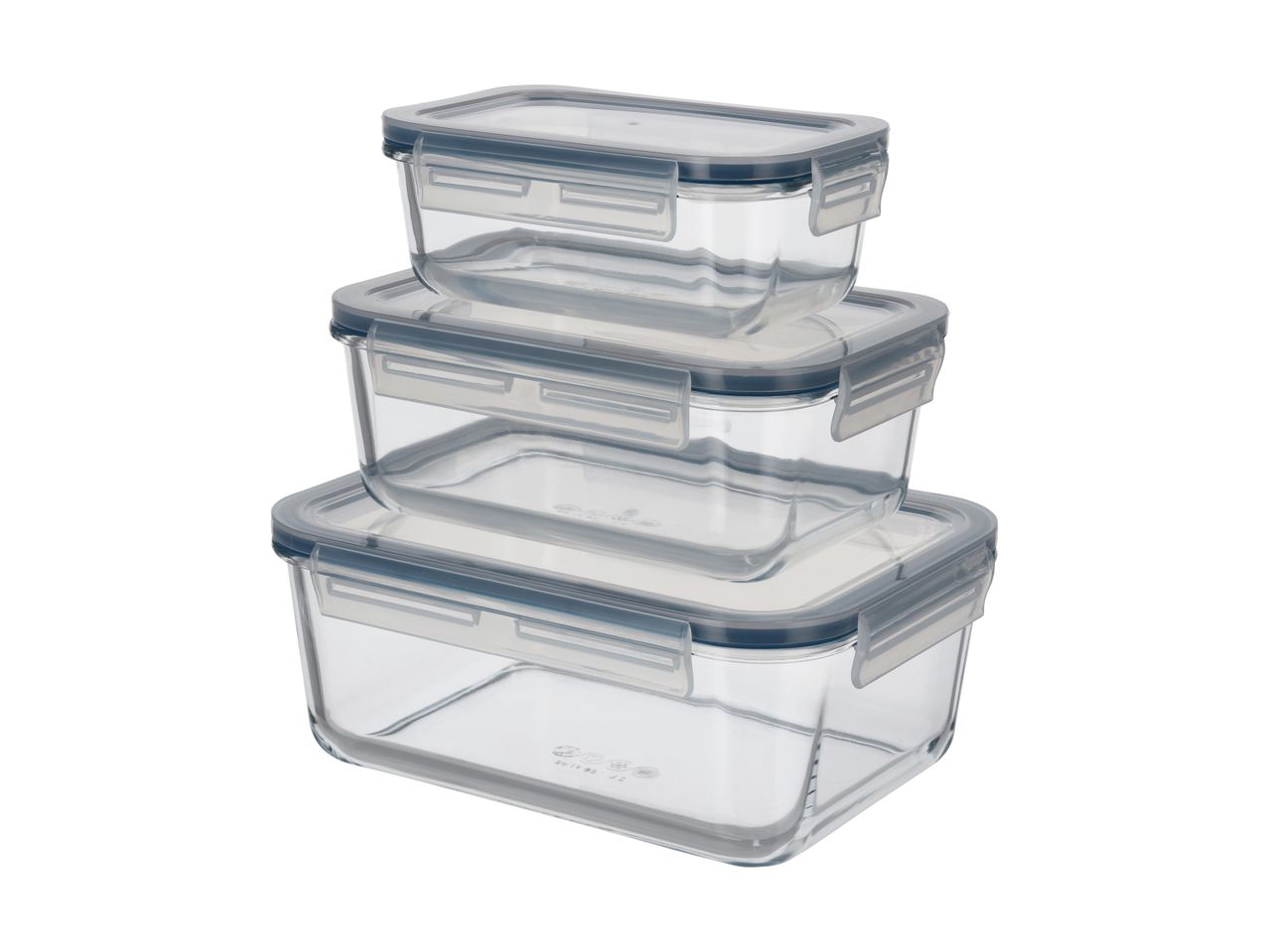 Stabel af tre rektangulære glasbeholdere med grå låg og låseklips.