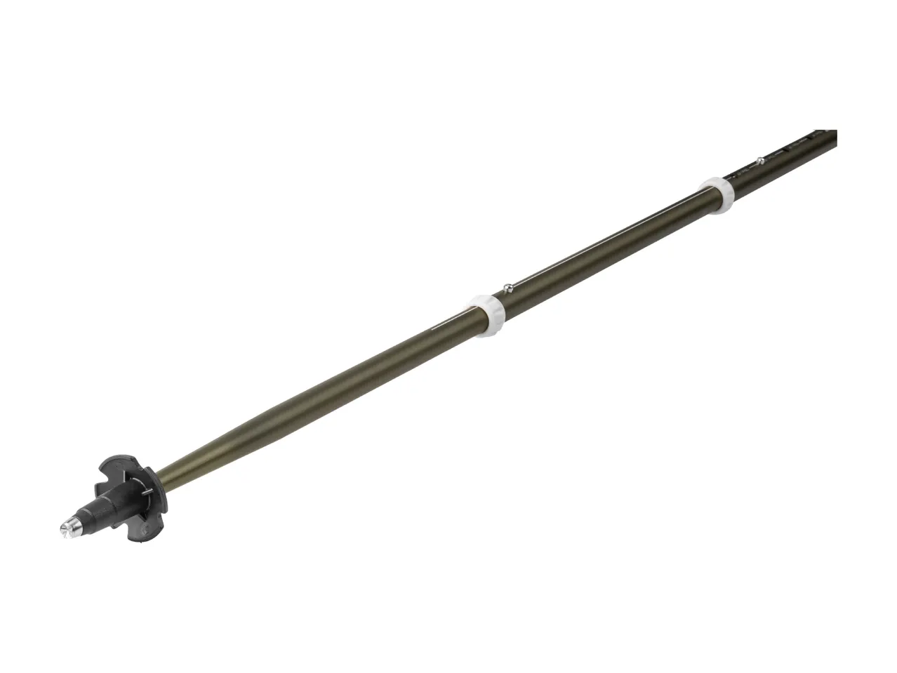 A dark green trekking pole with white and black accents, angled on a white background.
