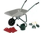 Carrinho de mão Playtive com ferramentas de jardinagem, regador e luvas vermelhas.