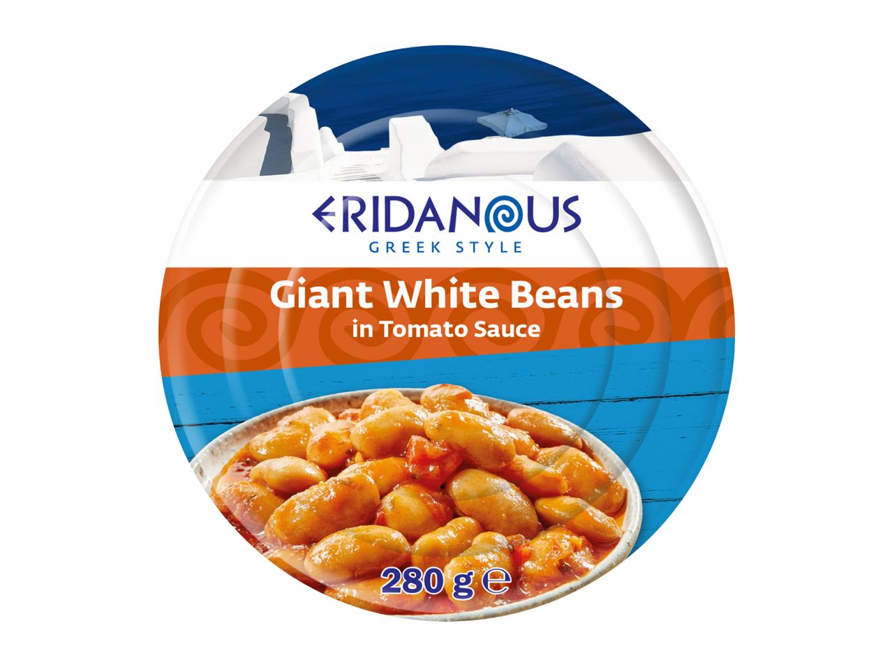Giant white beans in tomato sauce, Greek style, 280g, with a Greek landscape background.