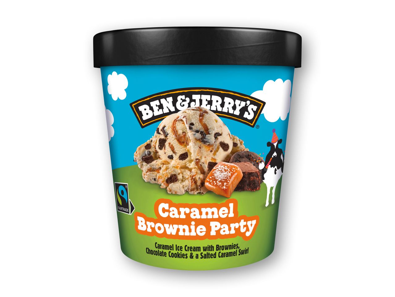 Ben & Jerry's Caramel Brownie Party is med brownies, chokoladecookies og saltet karamelswirl.