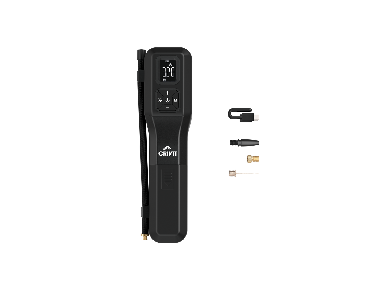 Black portable air pump with digital display and various nozzle attachments.