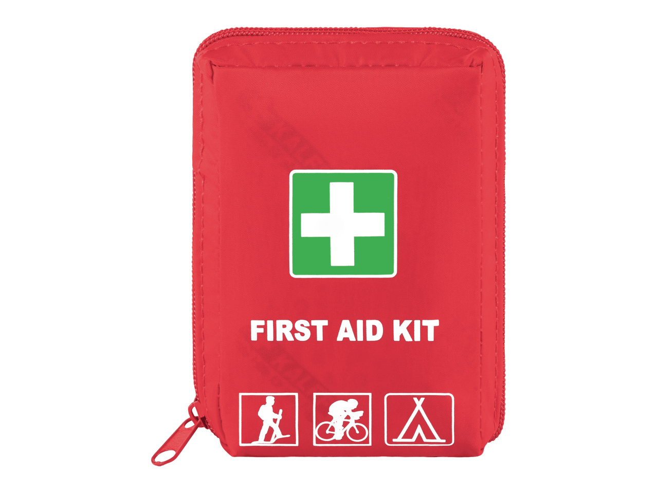 Punainen ensiapulaukku, jossa on valkoinen risti ja teksti 'FIRST AID KIT' sekä kuvakkeet retkeilijästä, pyöräilijästä ja teltasta.