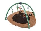 Baby play mat shaped like a brown dog with a green arch and hanging toys.