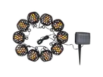 Solar-powered string lights with ten black, cage-like lanterns emitting a warm, flickering glow.