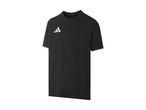 Sort t-shirt med hvide ærmekanter og et hvidt logo på brystet