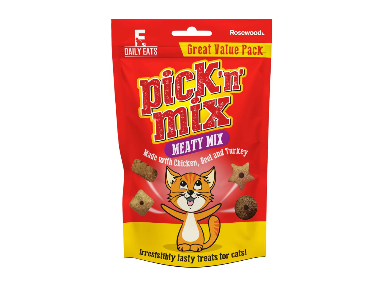 Red and yellow pouch of meaty cat treats with a cartoon cat and various treat shapes.