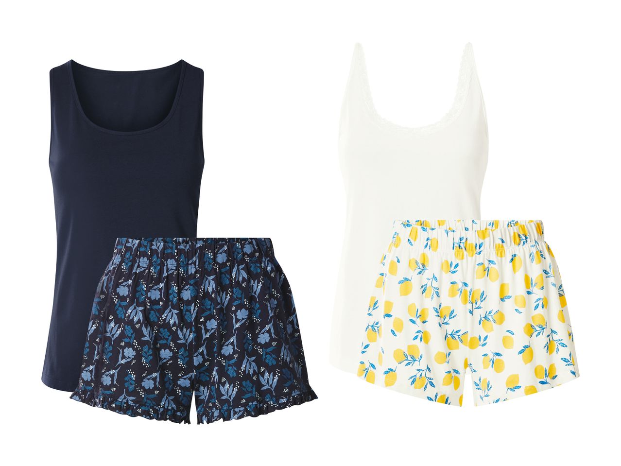To sæt pyjamas: en mørkeblå top med blomstrede shorts og en hvid top med citronmønstrede shorts.