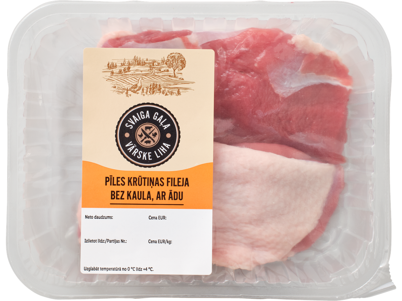 Svaiga pīles krūtiņas fileja ar ādu caurspīdīgā iepakojumā ar etiķeti