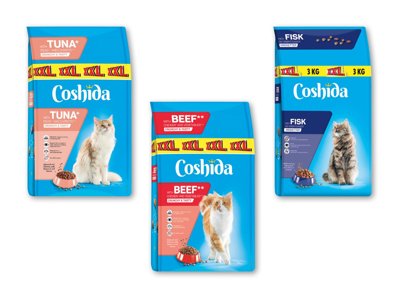 Tre poser Coshida kattefoder: tun, oksekød og fisk.