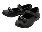 Pair of black children's Mary Jane shoes with bow detail.