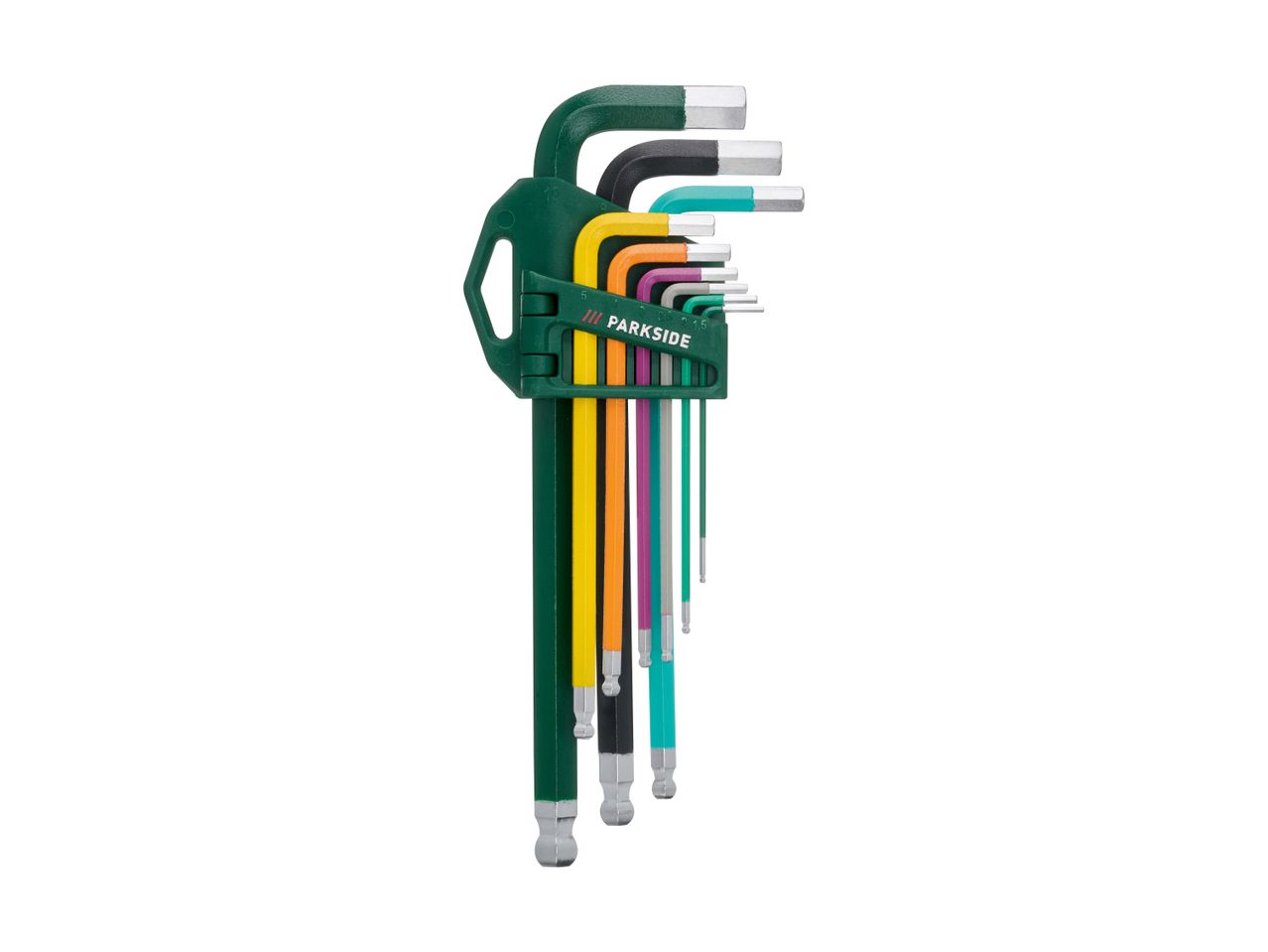 A set of colorful hex keys in a green holder, with sizes visible on the holder.