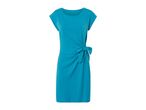 A turquoise knee-length dress with short sleeves and a side tie detail.