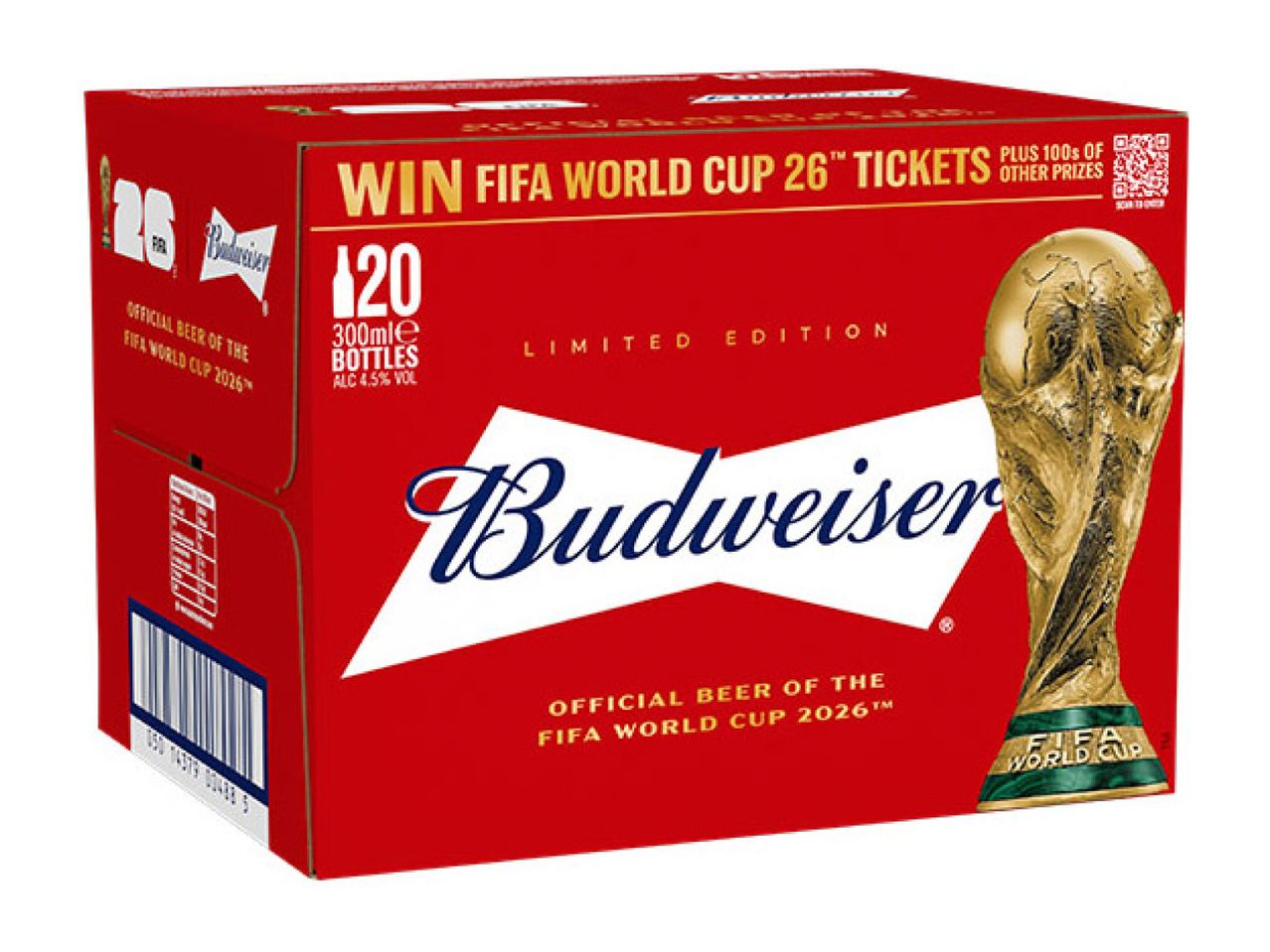 Red beer carton with a gold trophy, offering a chance to win World Cup 2026 tickets.