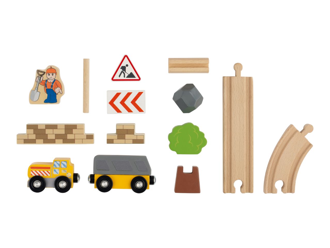Wooden toy construction set with train, tracks, worker, signs, and building blocks.