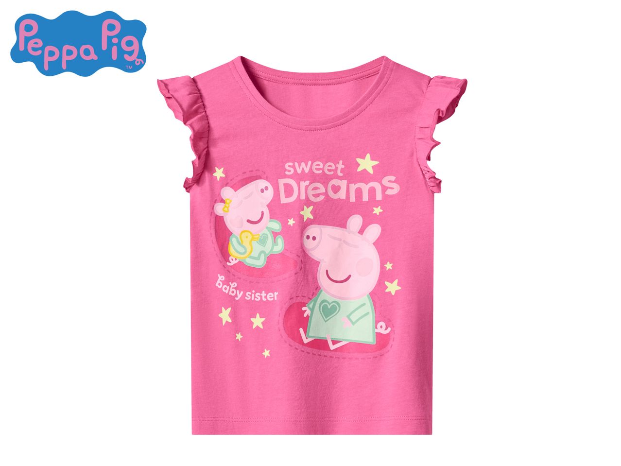Pink short-sleeved t-shirt with Peppa Pig and George Pig, text 'sweet Dreams' and 'Baby sister'.