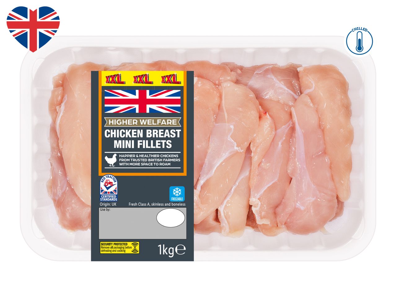 Pack of chilled chicken breast mini fillets with a 'Higher Welfare' label and Union Jack flag.